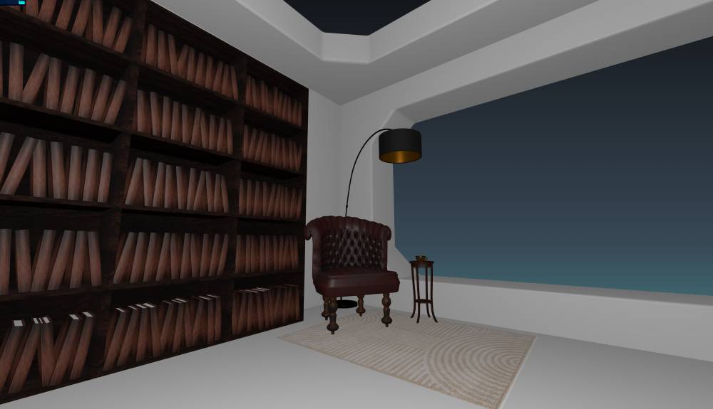 Room with chair, side table, and mug